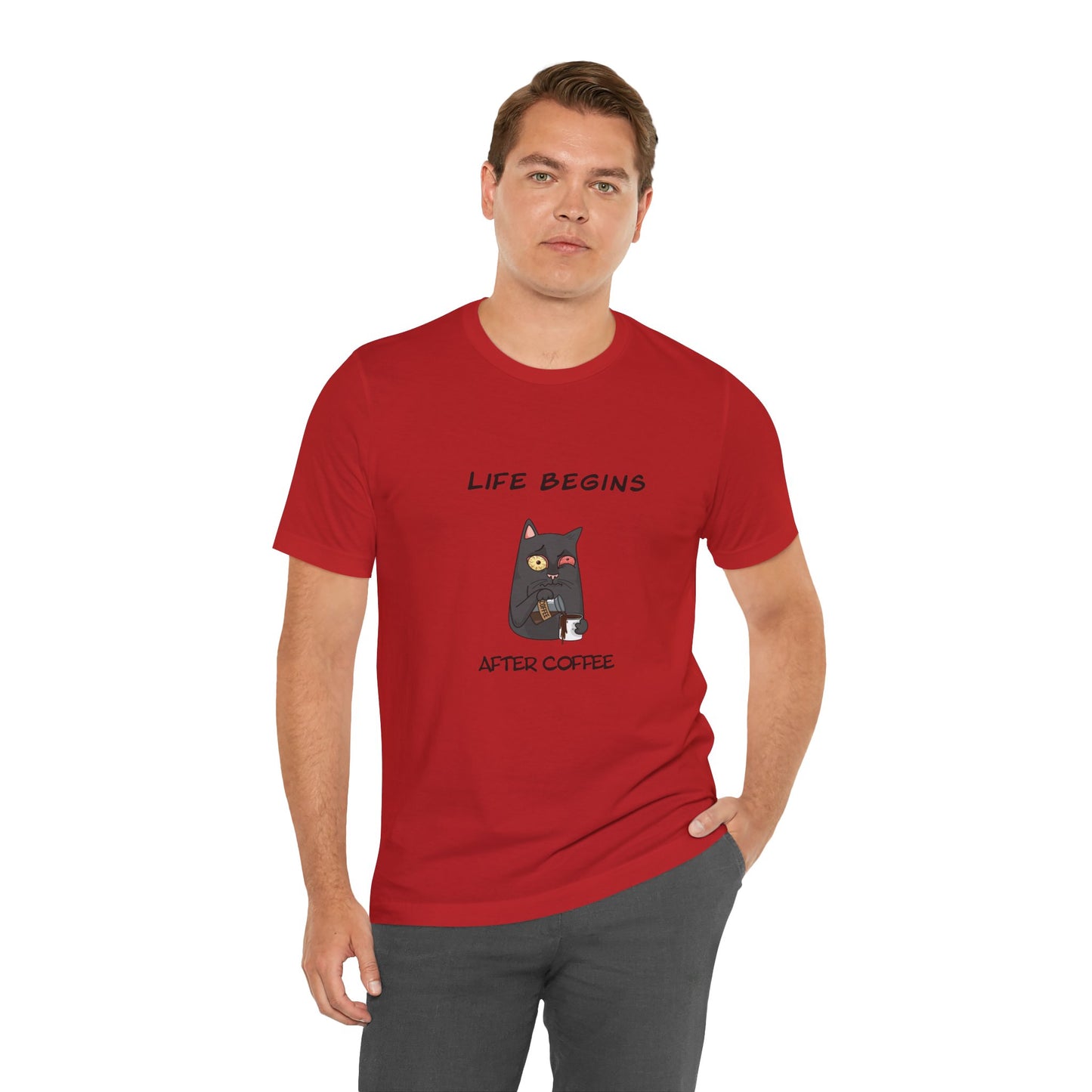 Luna The Cat. Life Begins After Coffee. Unisex Jersey Short Sleeve Tee