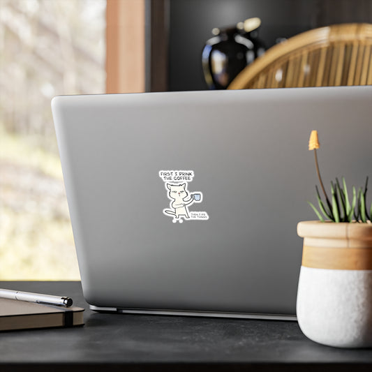 Cat Drinking Coffee To Kick Start The day and Do Things. Kiss-Cut Vinyl Decals