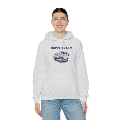 Happy Trails Unisex Hooded Sweatshirt, Cozy Outdoor Hoodie, Perfect Gift for Adventurers, Casual Wear, Great for Road Trips