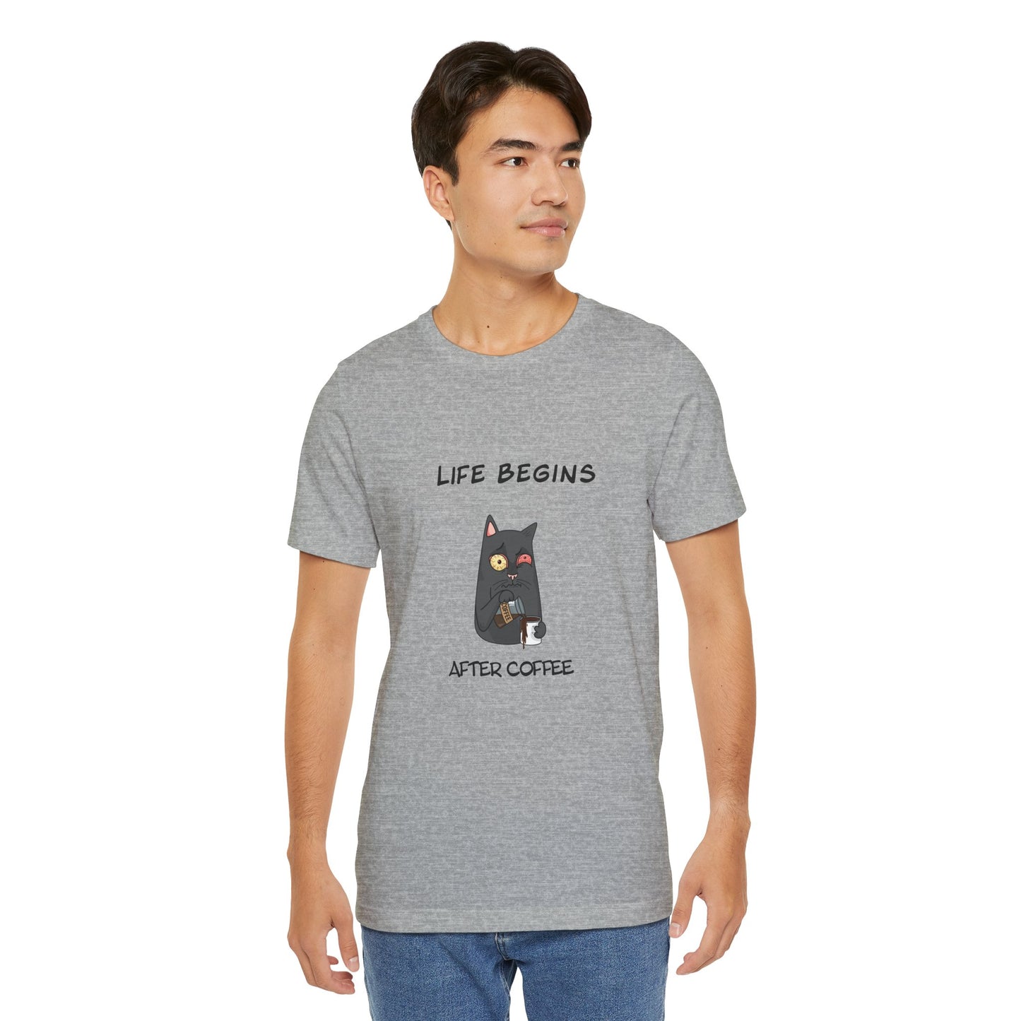Luna The Cat. Life Begins After Coffee. Unisex Jersey Short Sleeve Tee