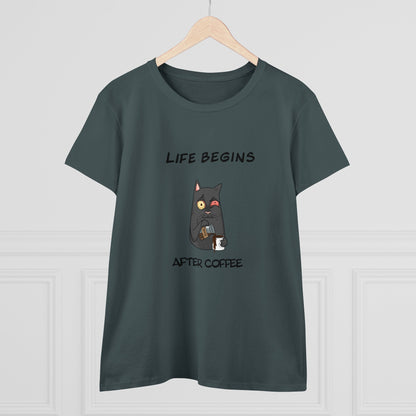 Luna The Cat. Life Begins After Coffee. Women's Midweight Cotton Tee