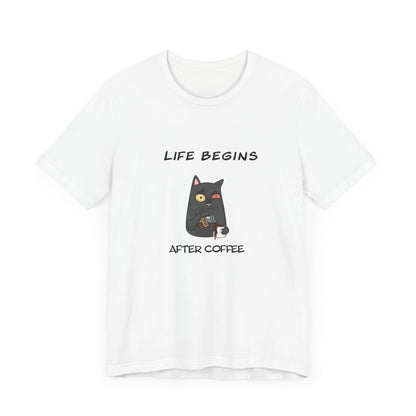 Luna The Cat. Life Begins After Coffee. Unisex Jersey Short Sleeve Tee