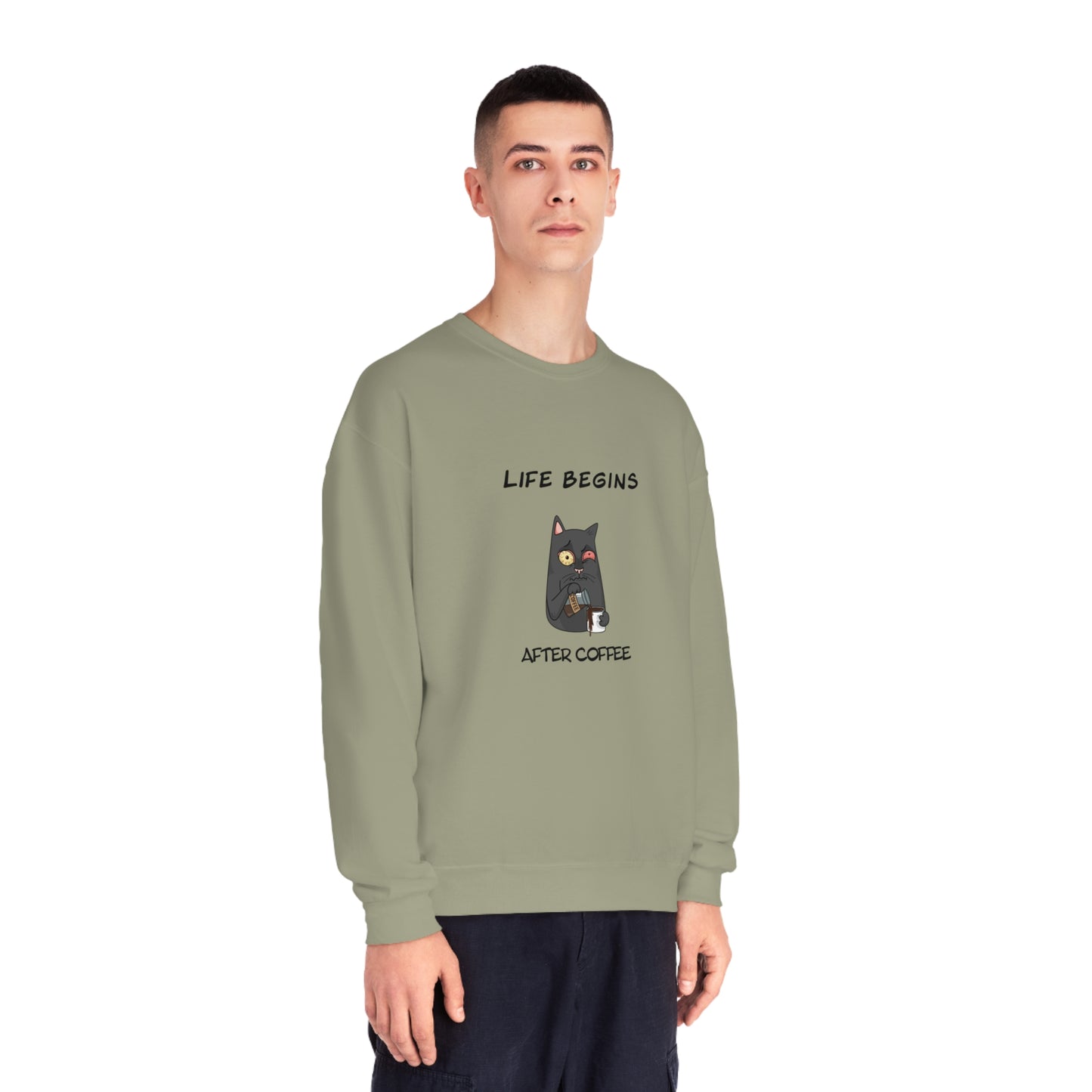 Luna The Cat. Life Begins After Coffee. Unisex NuBlend® Crewneck Sweatshirt