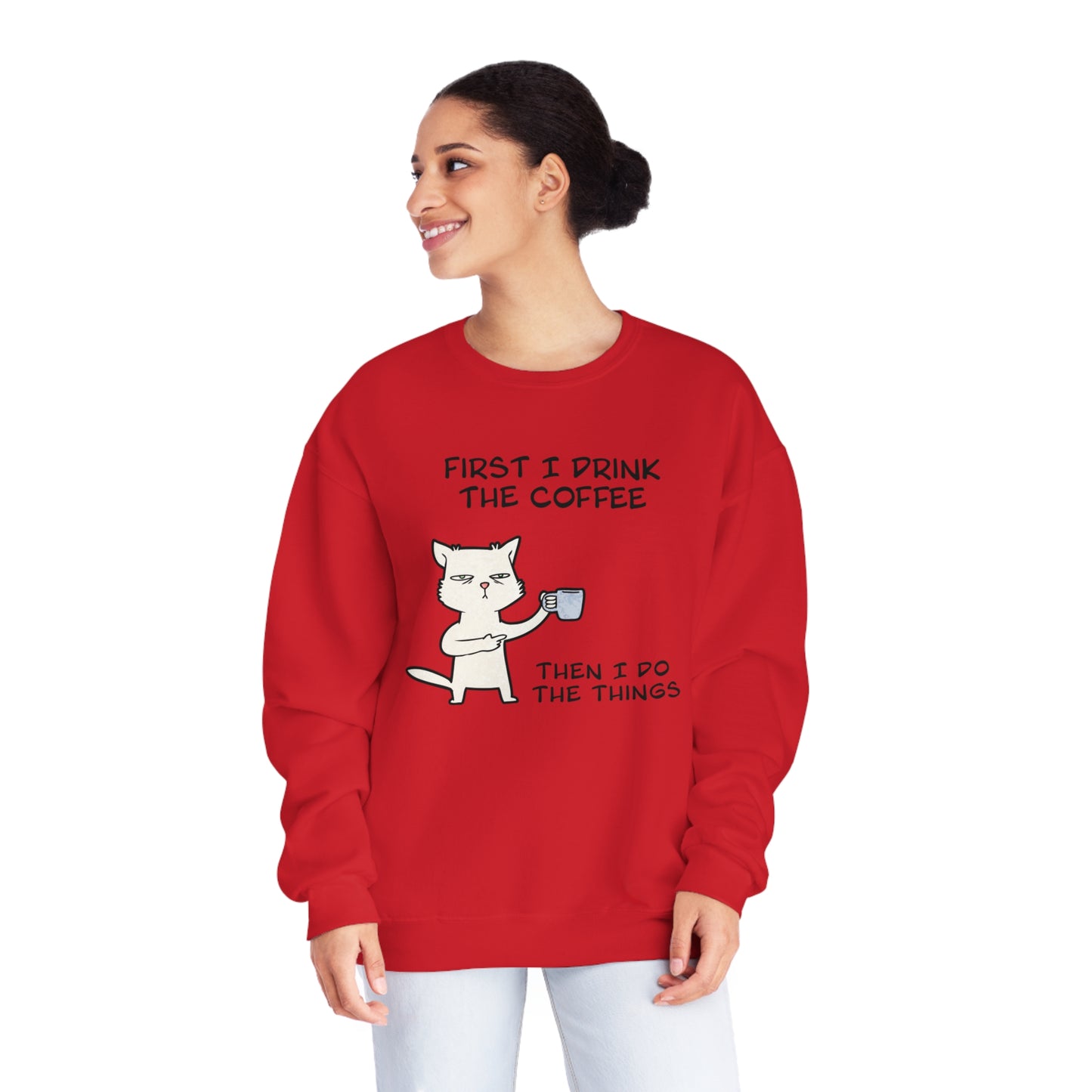 Cat Drinking Coffee To Kick Start The day and Do Things. Unisex NuBlend® Crewneck Sweatshirt