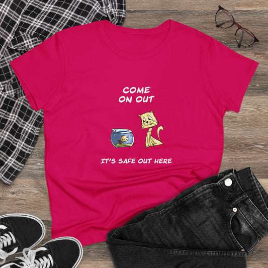 Kitty Cat Trying To Trick The Fish To Come Out. Women's Midweight Cotton Tee