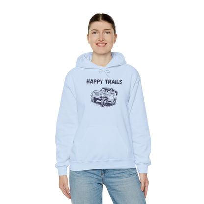 Happy Trails Unisex Hooded Sweatshirt, Cozy Outdoor Hoodie, Perfect Gift for Adventurers, Casual Wear, Great for Road Trips