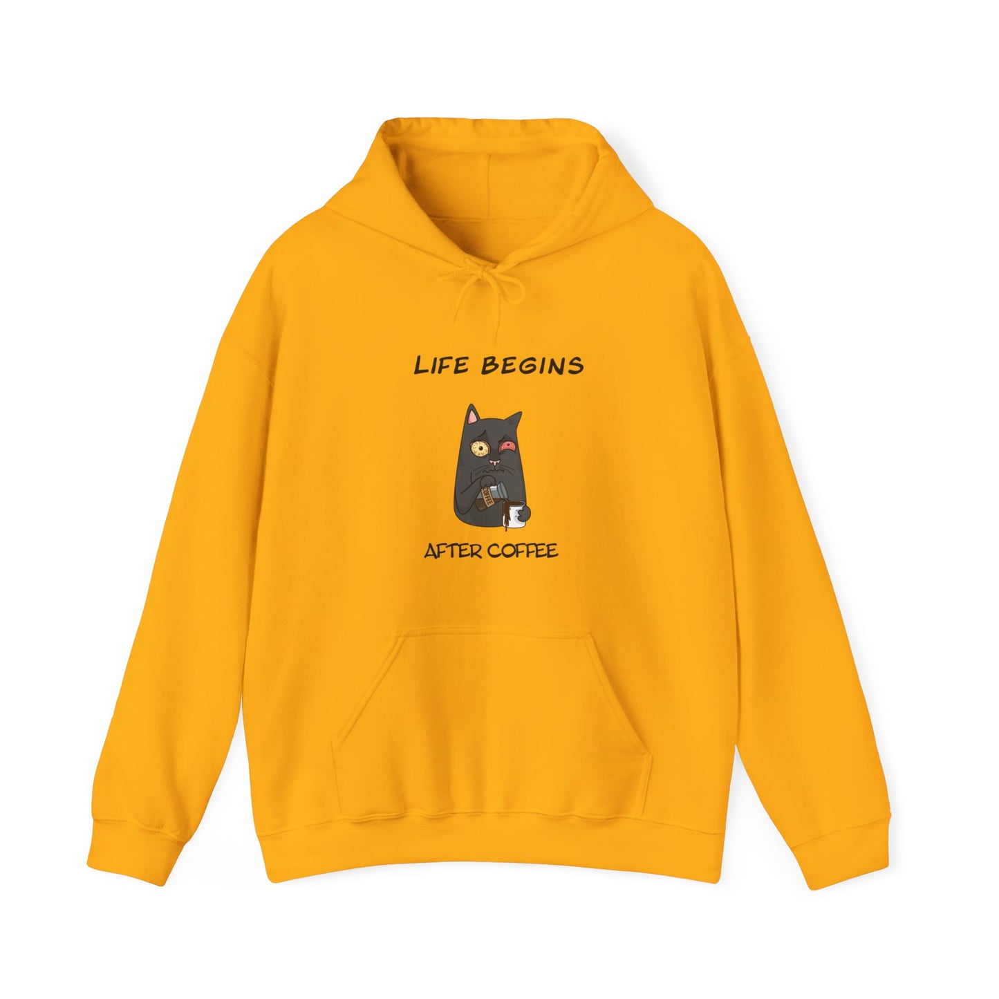 Luna The Cat. Life Begins After Coffee. Unisex Heavy Blend™ Hooded Sweatshirt