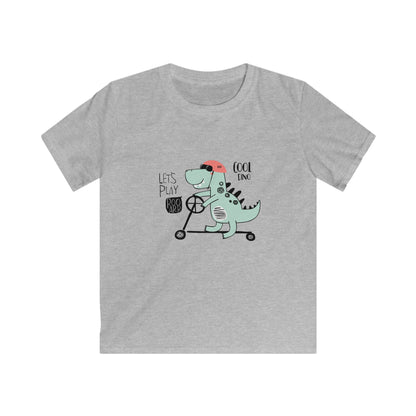 Cool Skate Boarding Kid Dino.  Kids Softstyle Tee