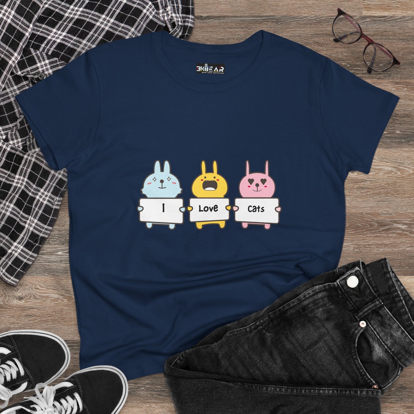 I Love Cats Women’s Midweight Cotton Tee – Cute Graphic Cat Lover T-Shirt