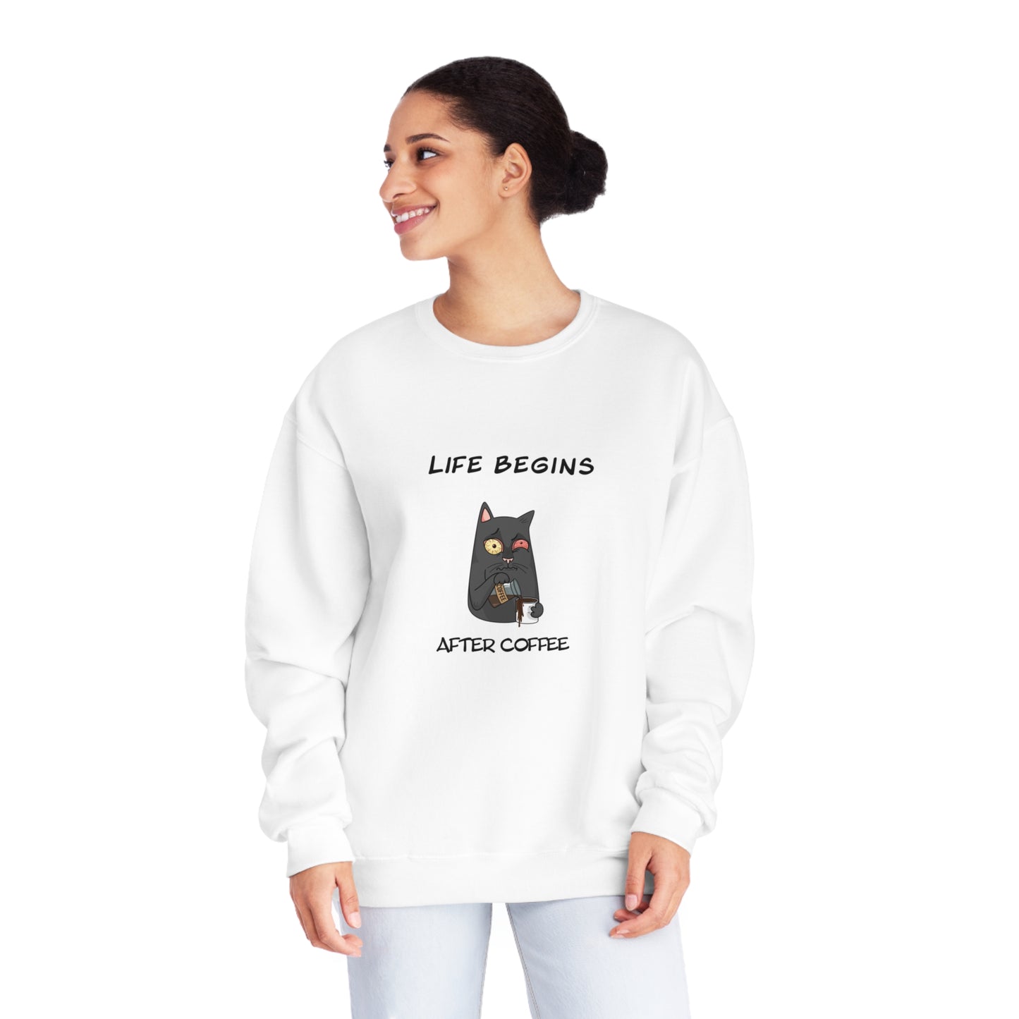 Luna The Cat. Life Begins After Coffee. Unisex NuBlend® Crewneck Sweatshirt