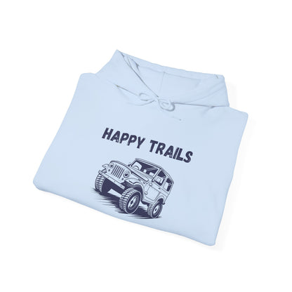 Happy Trails Unisex Hooded Sweatshirt, Cozy Outdoor Hoodie, Perfect Gift for Adventurers, Casual Wear, Great for Road Trips