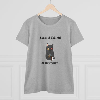 Luna The Cat. Life Begins After Coffee. Women's Midweight Cotton Tee