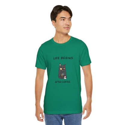 Luna The Cat. Life Begins After Coffee. Unisex Jersey Short Sleeve Tee
