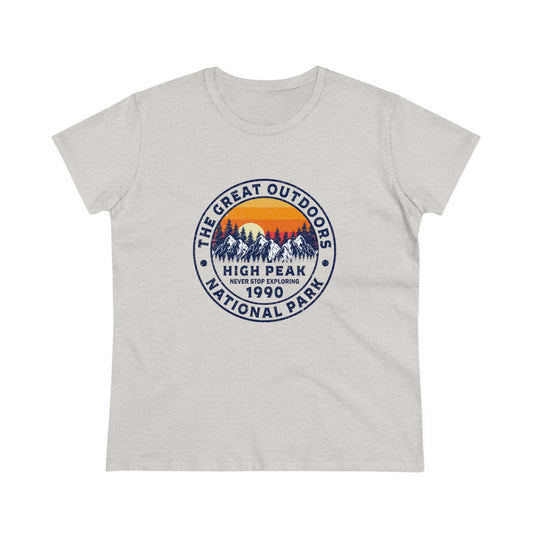 Never Stop Exploring. High Peak National Park. Women's Midweight Cotton Tee