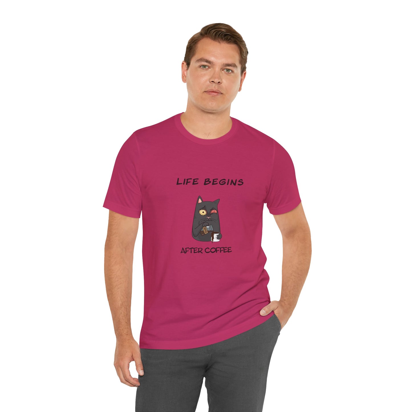 Luna The Cat. Life Begins After Coffee. Unisex Jersey Short Sleeve Tee