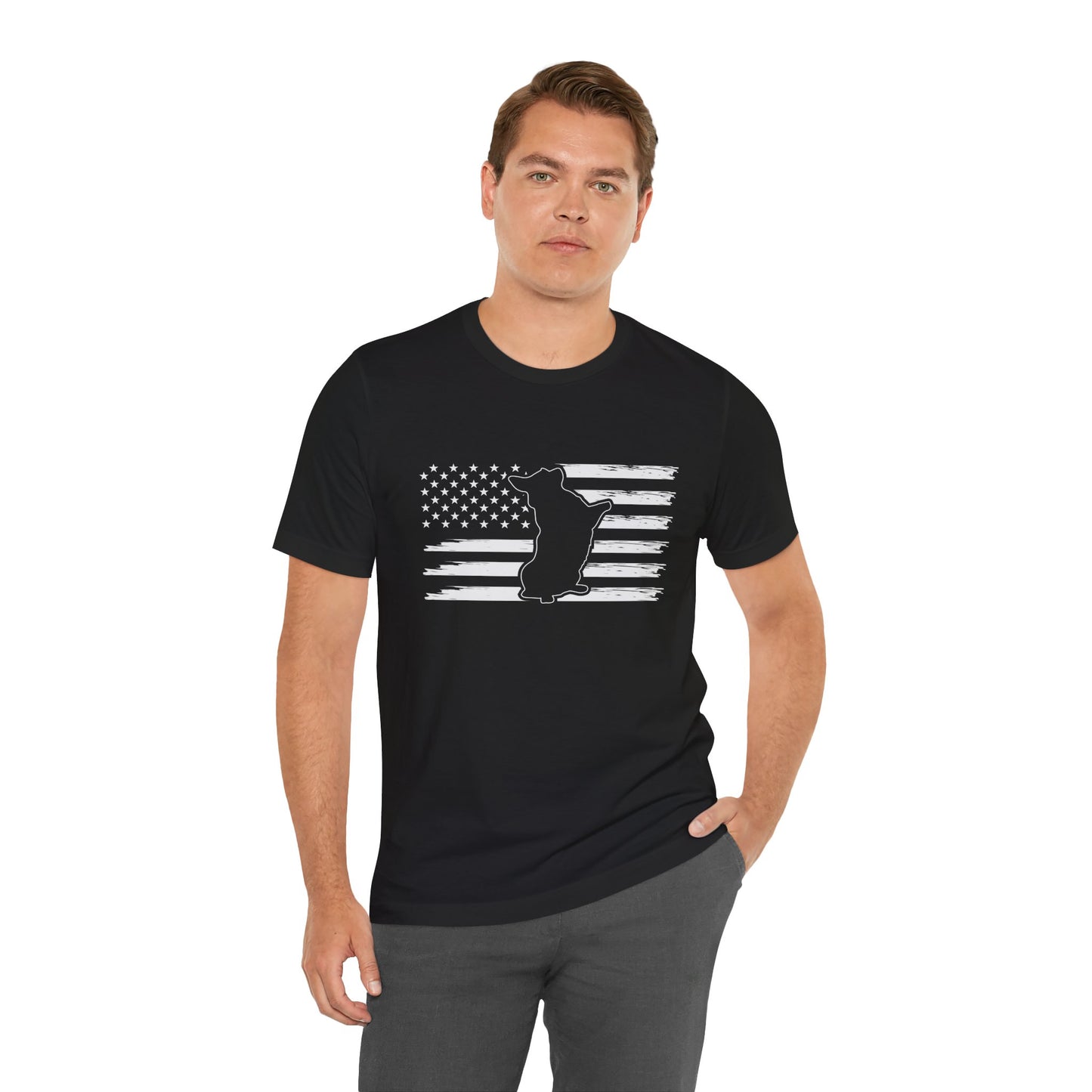 Charlie The American Flag Dog.  Unisex Jersey Short Sleeve Tee