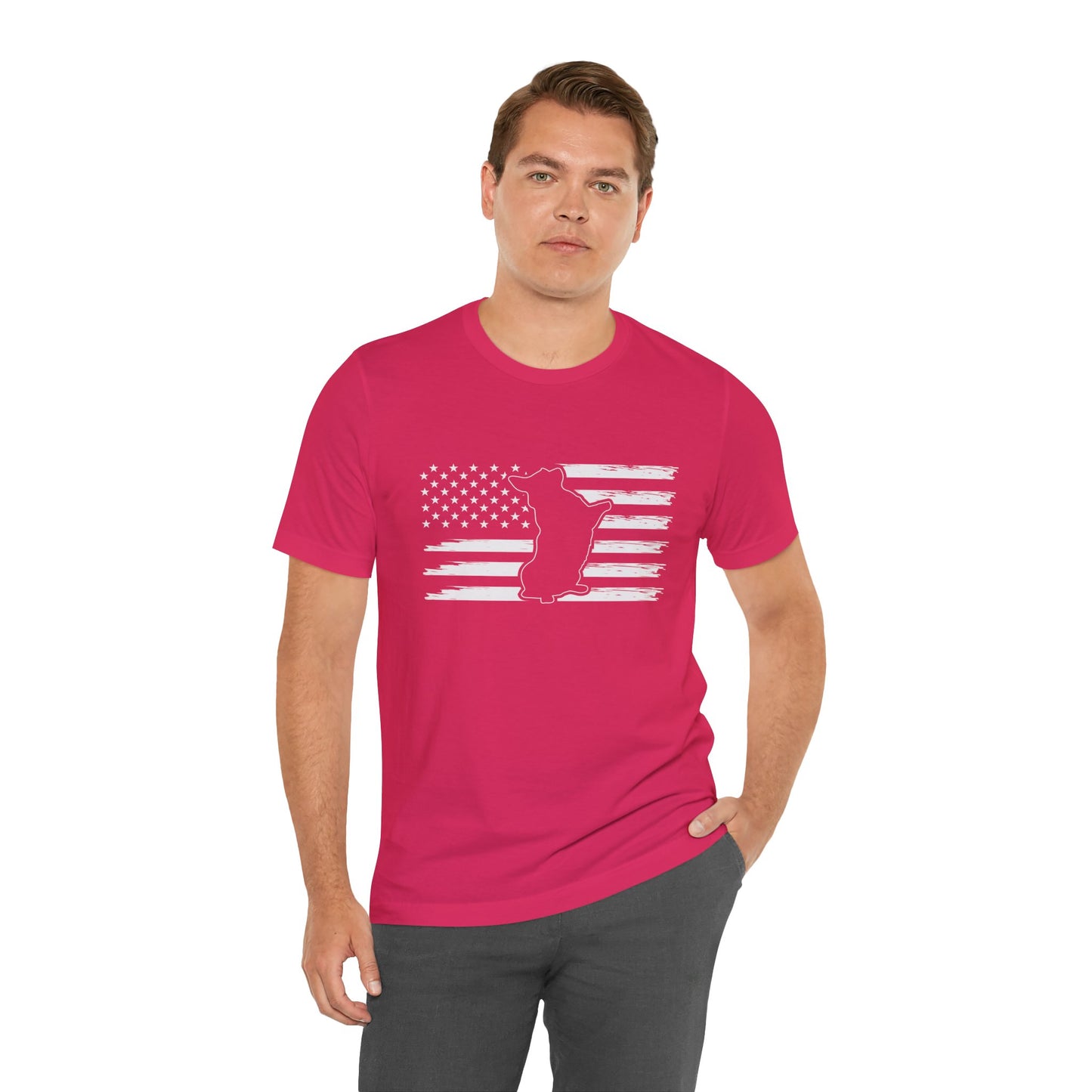 Charlie The American Flag Dog.  Unisex Jersey Short Sleeve Tee