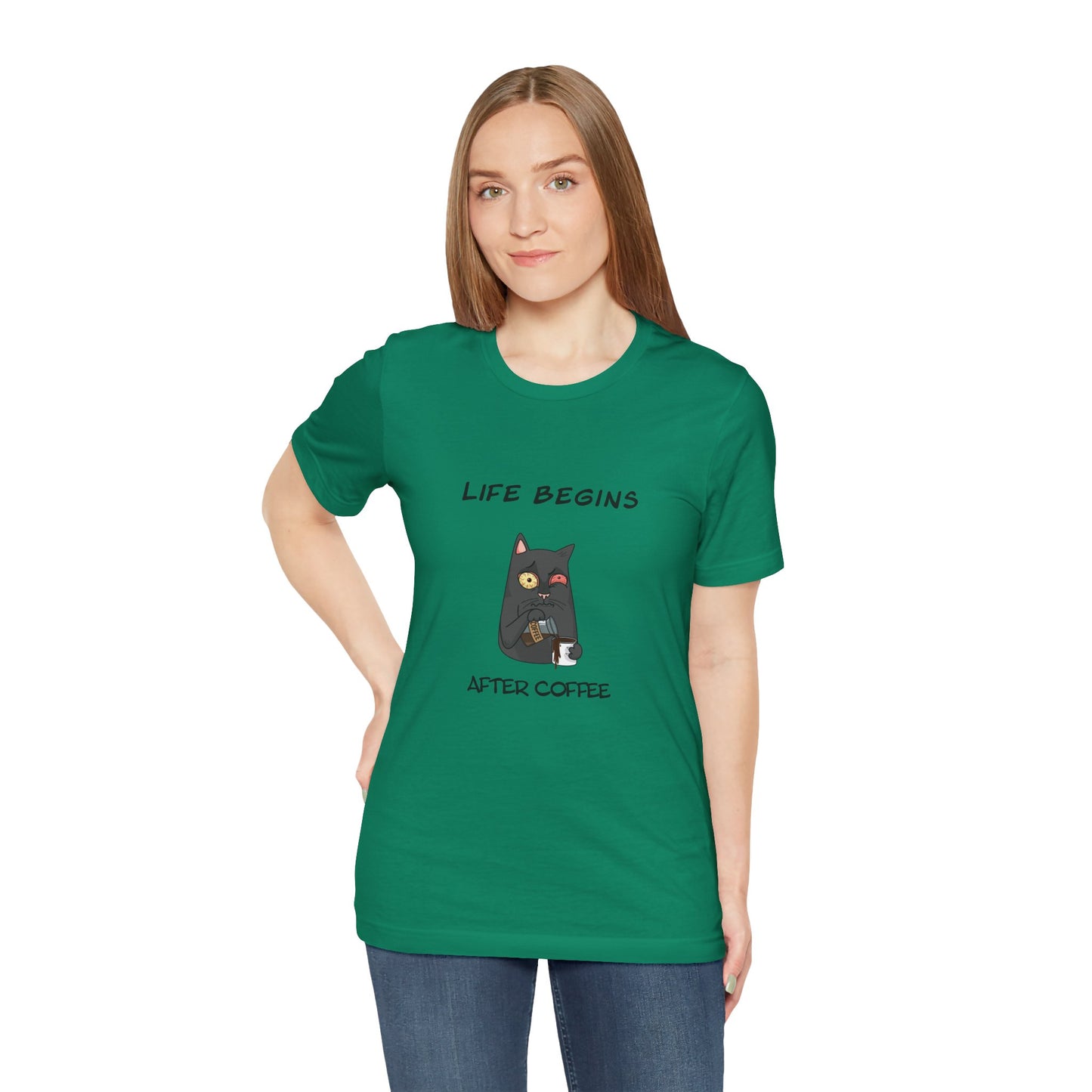 Luna The Cat. Life Begins After Coffee. Unisex Jersey Short Sleeve Tee