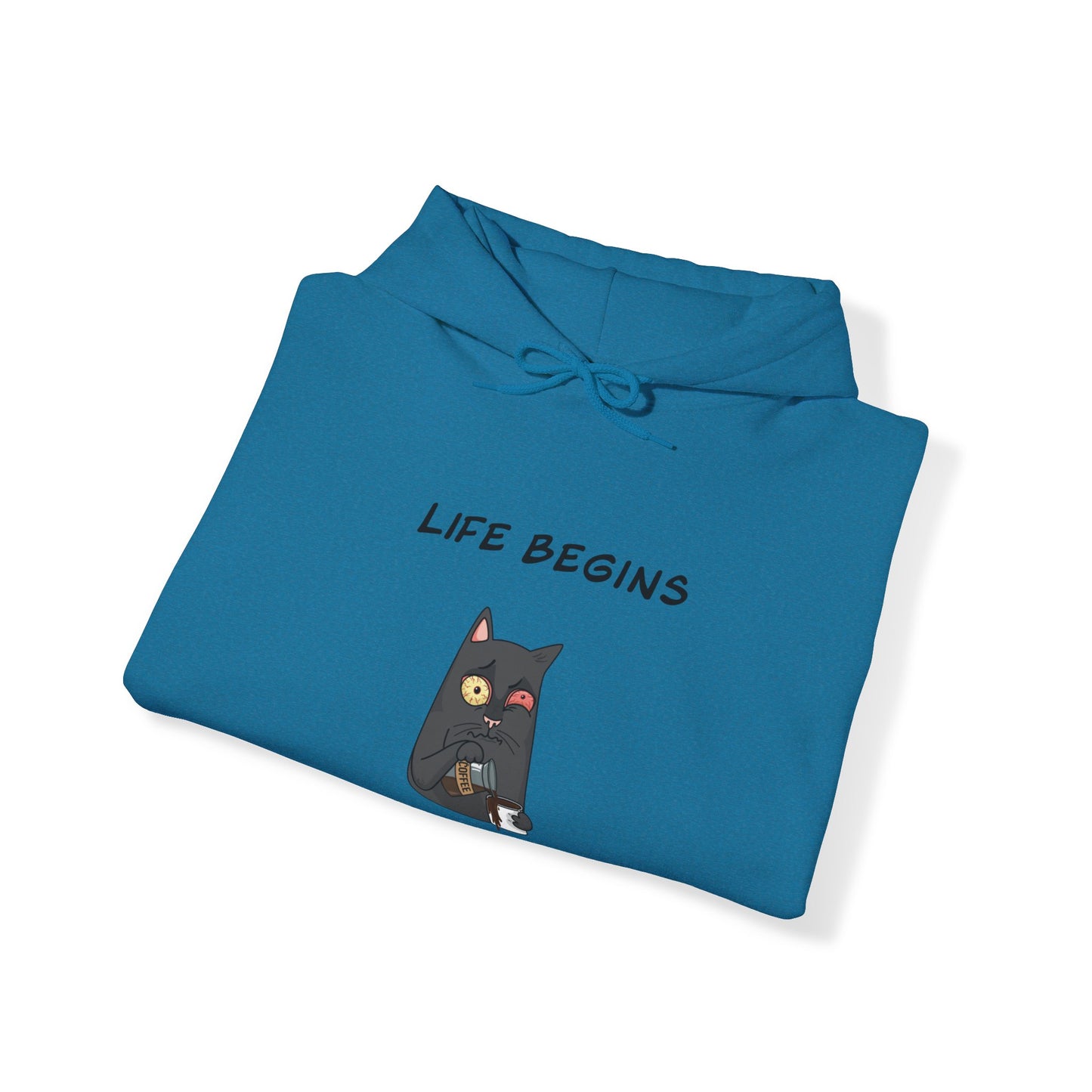 Luna The Cat. Life Begins After Coffee. Unisex Heavy Blend™ Hooded Sweatshirt