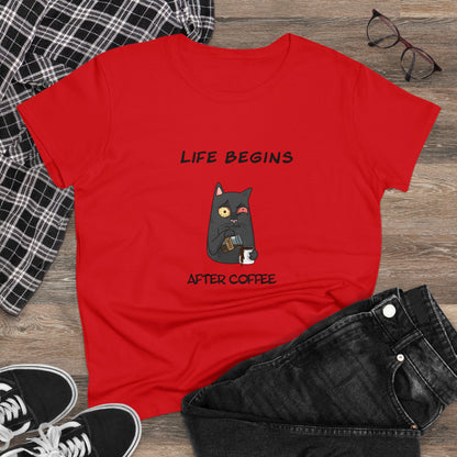 Luna The Cat. Life Begins After Coffee. Women's Midweight Cotton Tee