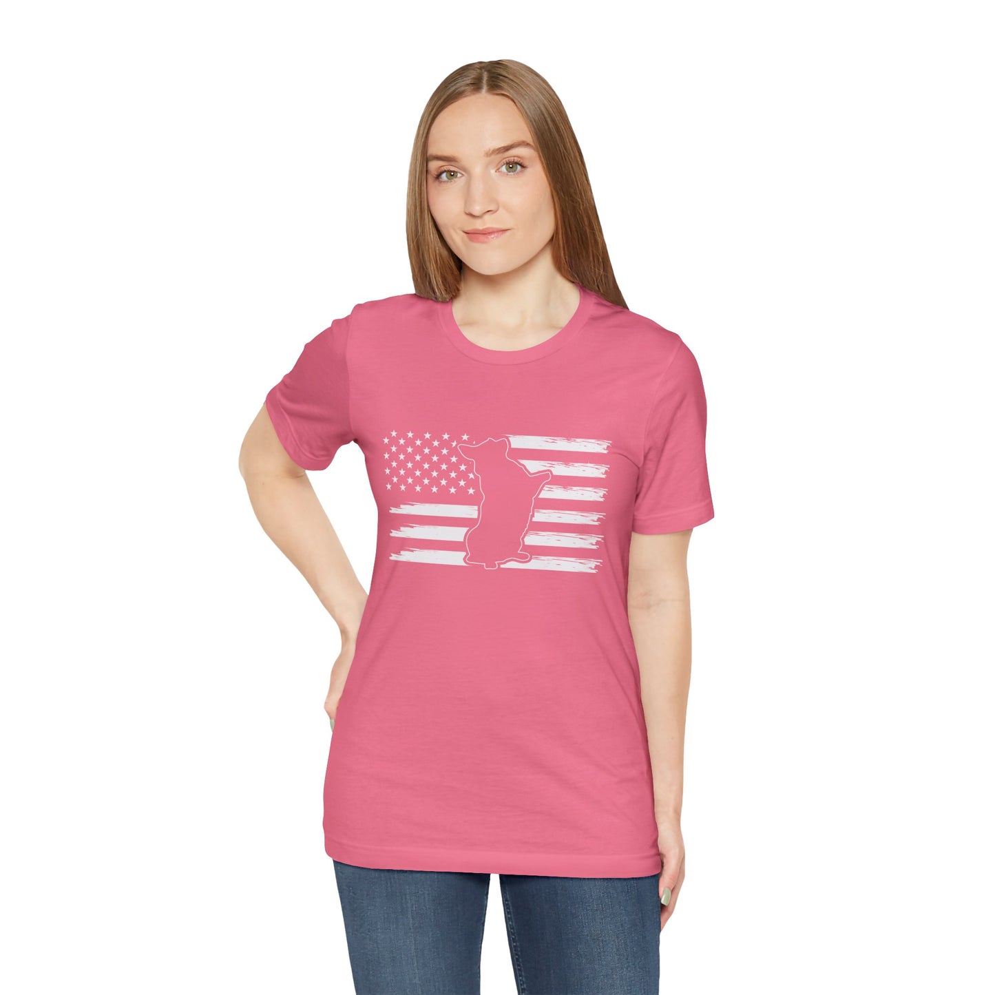 Charlie The American Flag Dog.  Unisex Jersey Short Sleeve Tee
