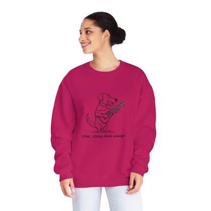 Dog With Guitar. Live, Love and Laugh. Unisex NuBlend® Crewneck Sweatshirt