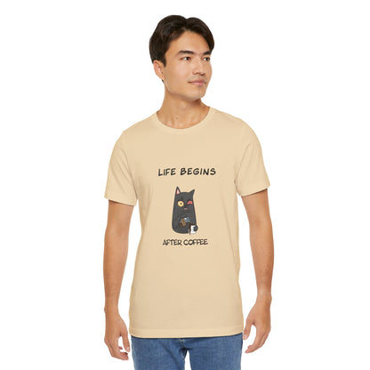 Luna The Cat. Life Begins After Coffee. Unisex Jersey Short Sleeve Tee