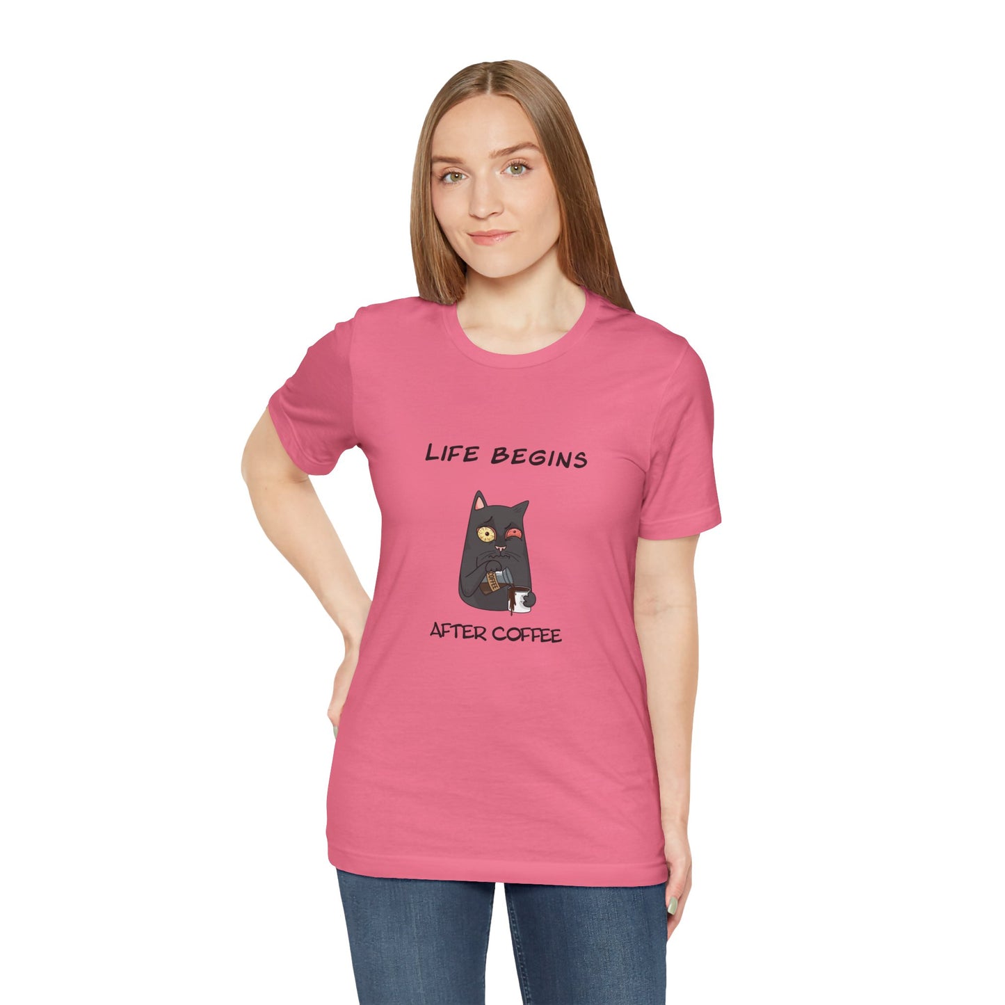 Luna The Cat. Life Begins After Coffee. Unisex Jersey Short Sleeve Tee