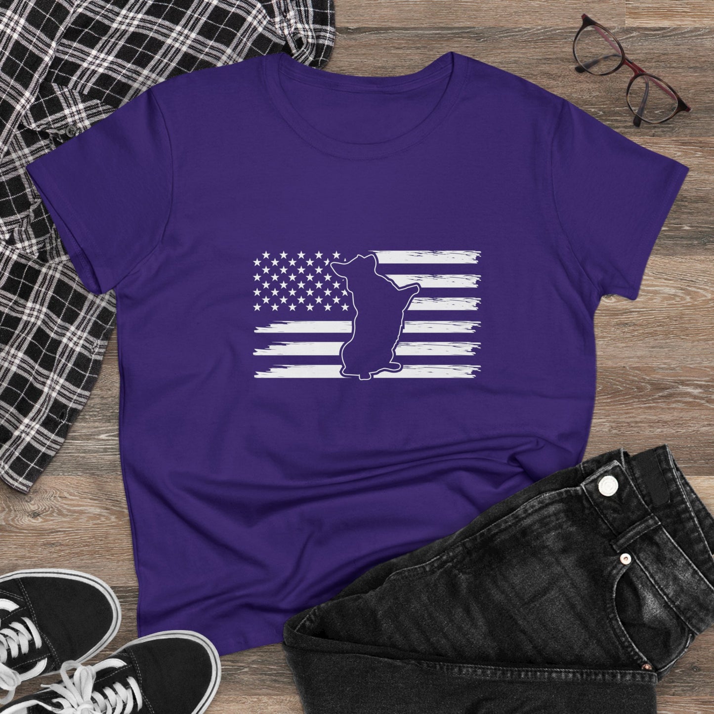 Charlie The American Flag Dog. Women's Midweight Cotton Tee