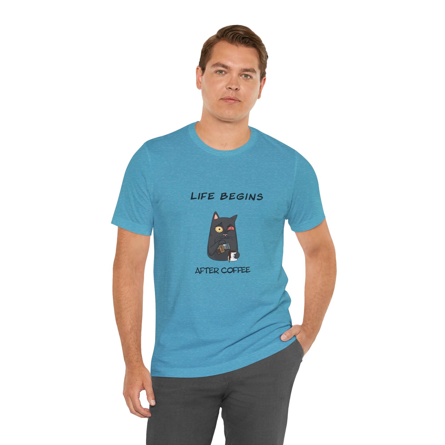 Luna The Cat. Life Begins After Coffee. Unisex Jersey Short Sleeve Tee