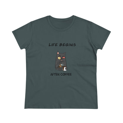 Luna The Cat. Life Begins After Coffee. Women's Midweight Cotton Tee