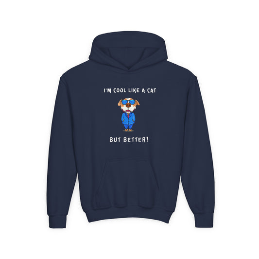 Cool Like A Cat Dog Youth Hoodie - Cool Dog with Glasses