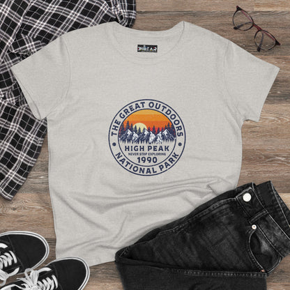 Never Stop Exploring. High Peak National Park. Women's Midweight Cotton Tee