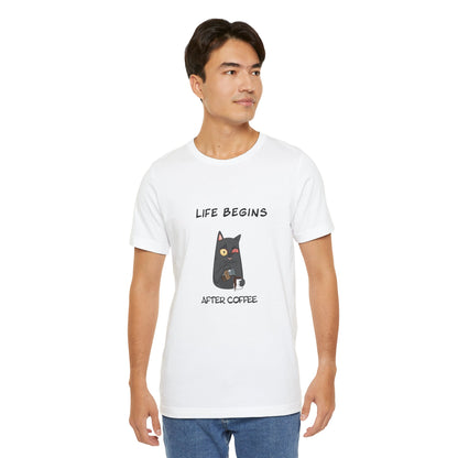 Luna The Cat. Life Begins After Coffee. Unisex Jersey Short Sleeve Tee