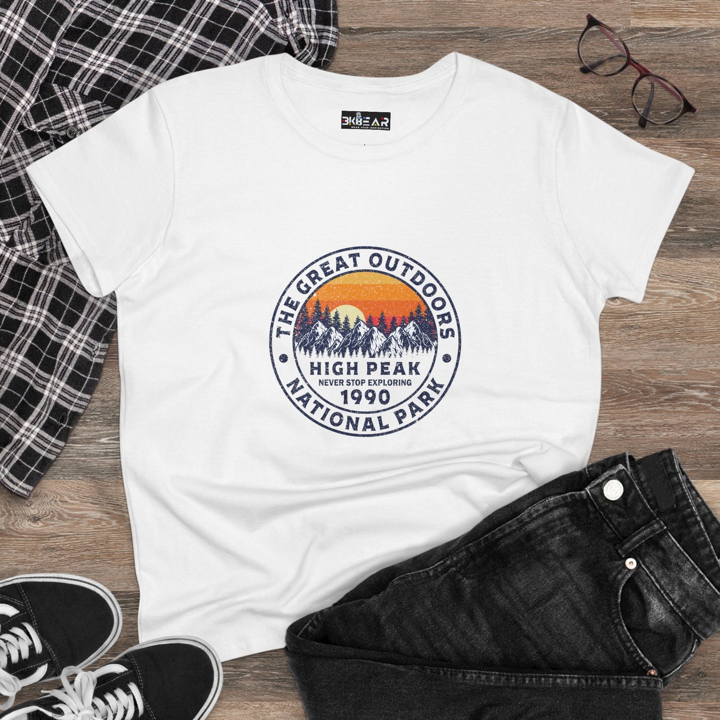 Never Stop Exploring. High Peak National Park. Women's Midweight Cotton Tee