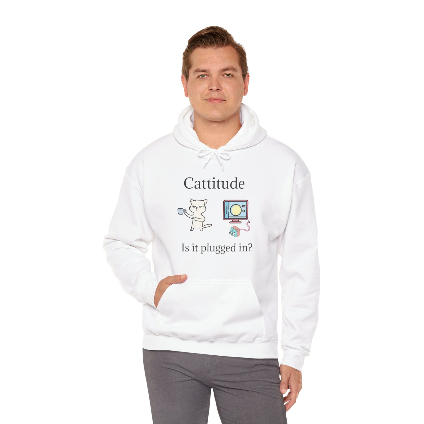 Cattitude, Is it plugged In, Unisex Hooded Sweatshirt.