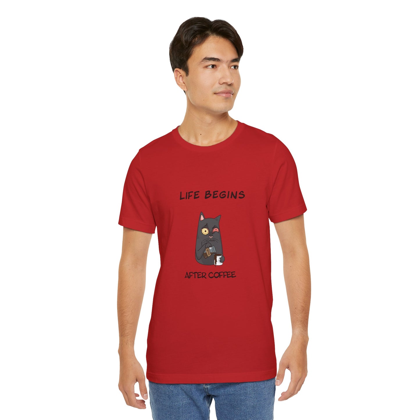 Luna The Cat. Life Begins After Coffee. Unisex Jersey Short Sleeve Tee