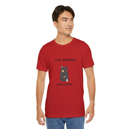 Luna The Cat. Life Begins After Coffee. Unisex Jersey Short Sleeve Tee