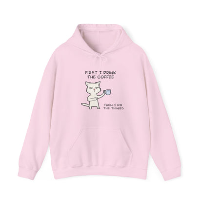 Cat Drinking Coffee To Kick Start The day and Do Things. Unisex Heavy Blend™ Hooded Sweatshirt