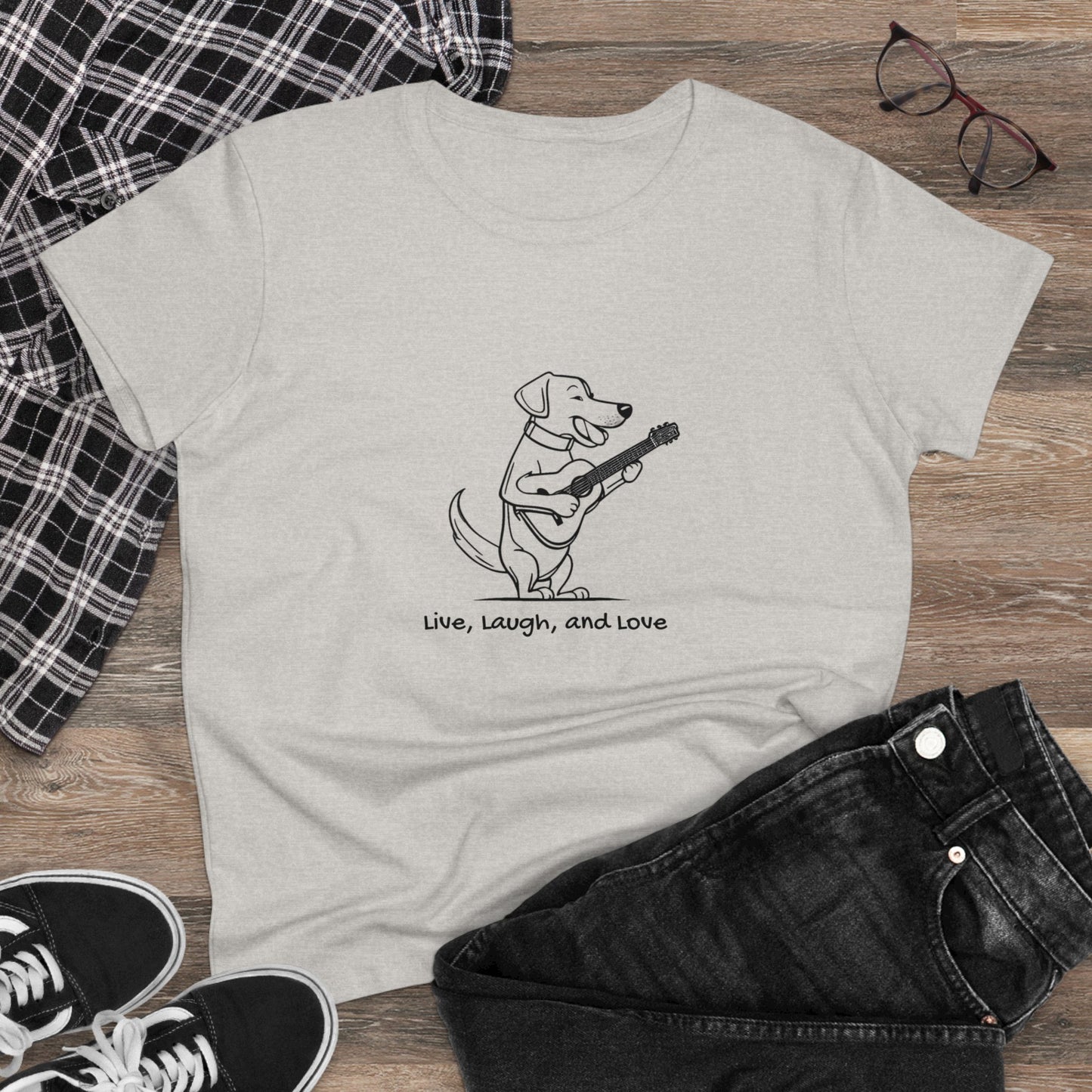 Dog With Guitar. Live, Laugh, and Love. Women's Midweight Cotton Tee