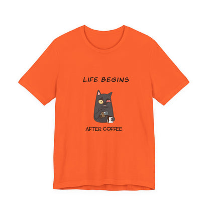 Luna The Cat. Life Begins After Coffee. Unisex Jersey Short Sleeve Tee