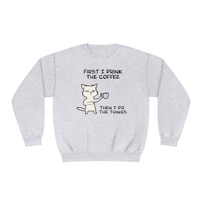 Cat Drinking Coffee To Kick Start The day and Do Things. Unisex NuBlend® Crewneck Sweatshirt