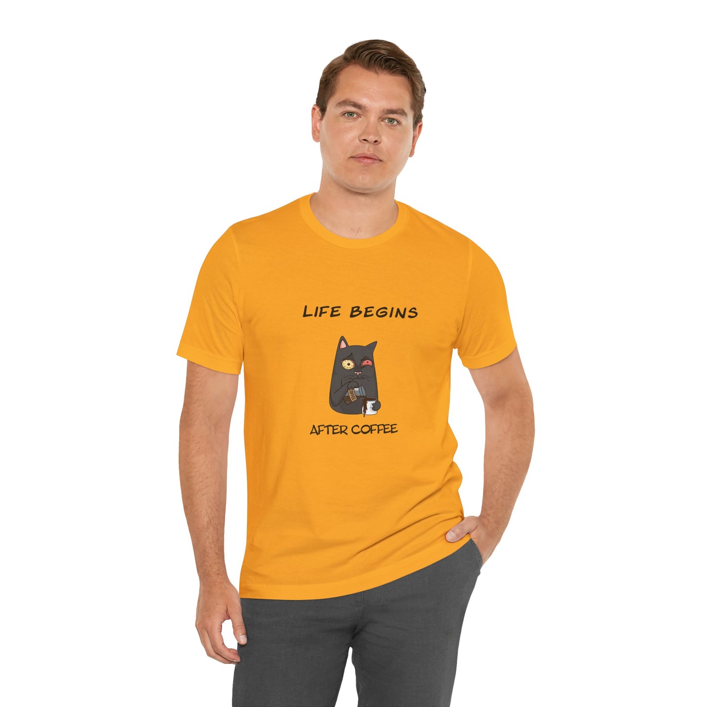 Luna The Cat. Life Begins After Coffee. Unisex Jersey Short Sleeve Tee