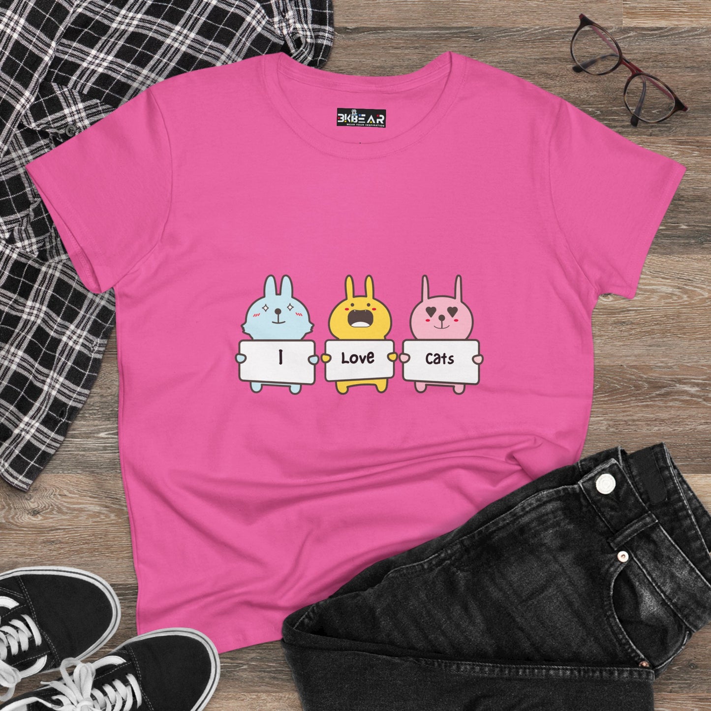 I Love Cats Women’s Midweight Cotton Tee – Cute Graphic Cat Lover T-Shirt