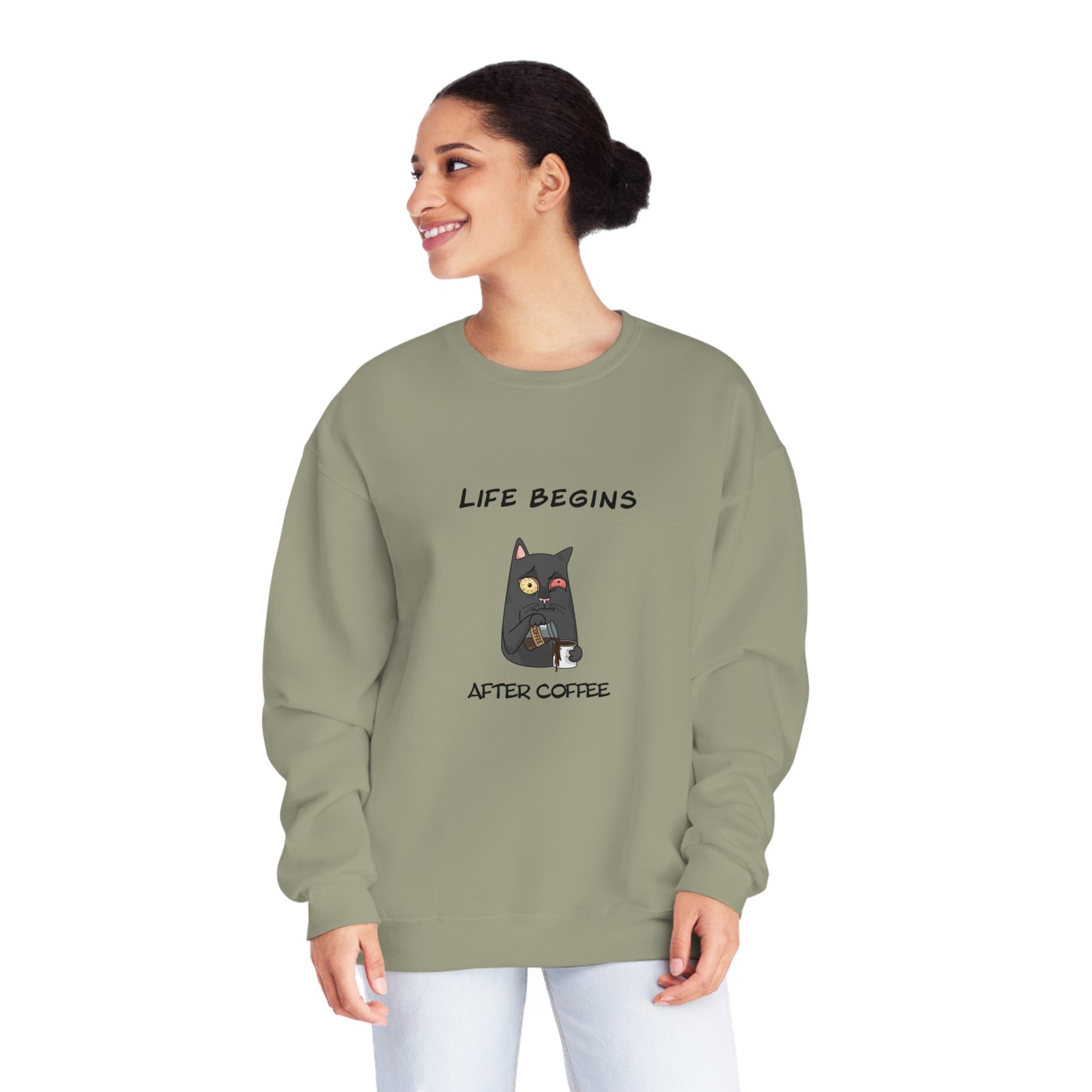 Luna The Cat. Life Begins After Coffee. Unisex NuBlend® Crewneck Sweatshirt