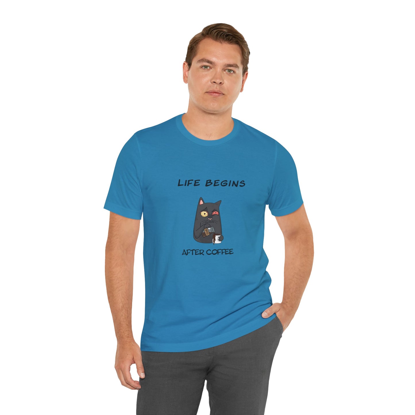Luna The Cat. Life Begins After Coffee. Unisex Jersey Short Sleeve Tee