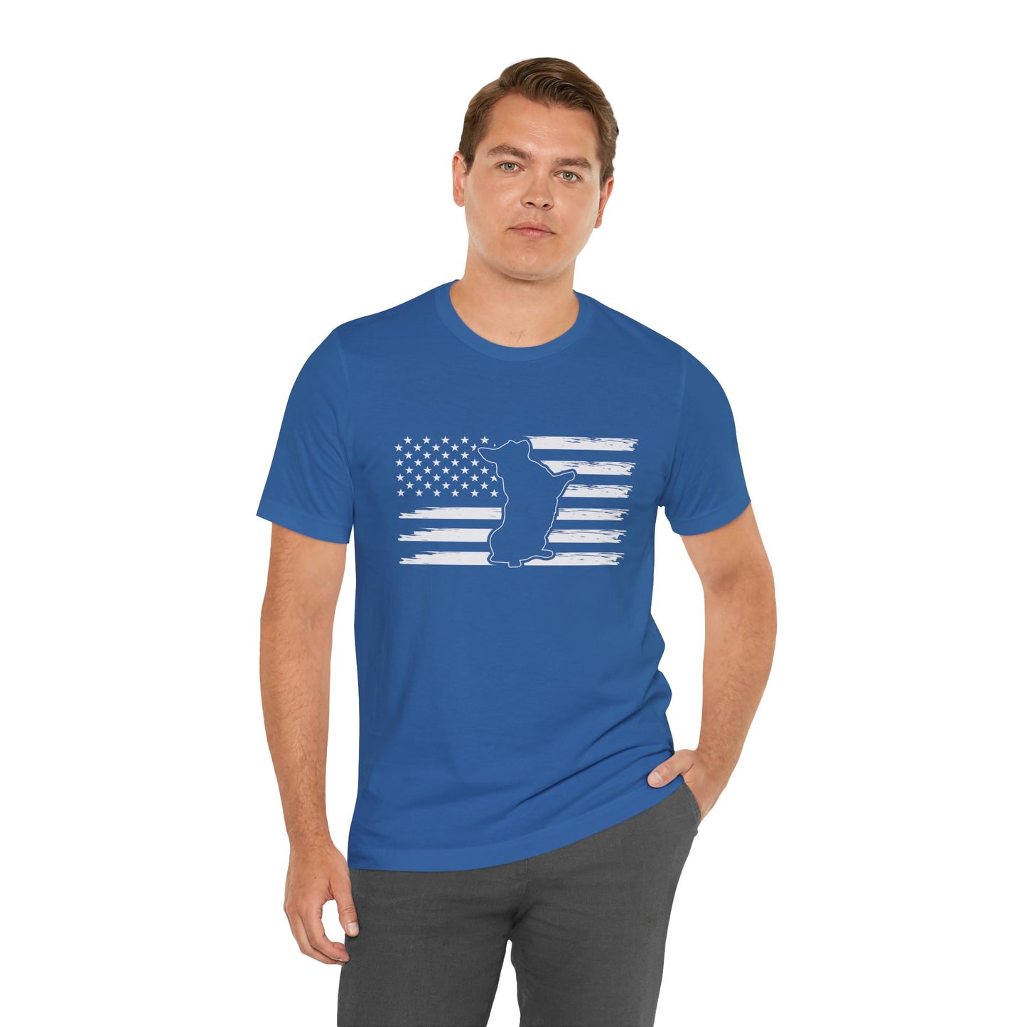 Charlie The American Flag Dog.  Unisex Jersey Short Sleeve Tee