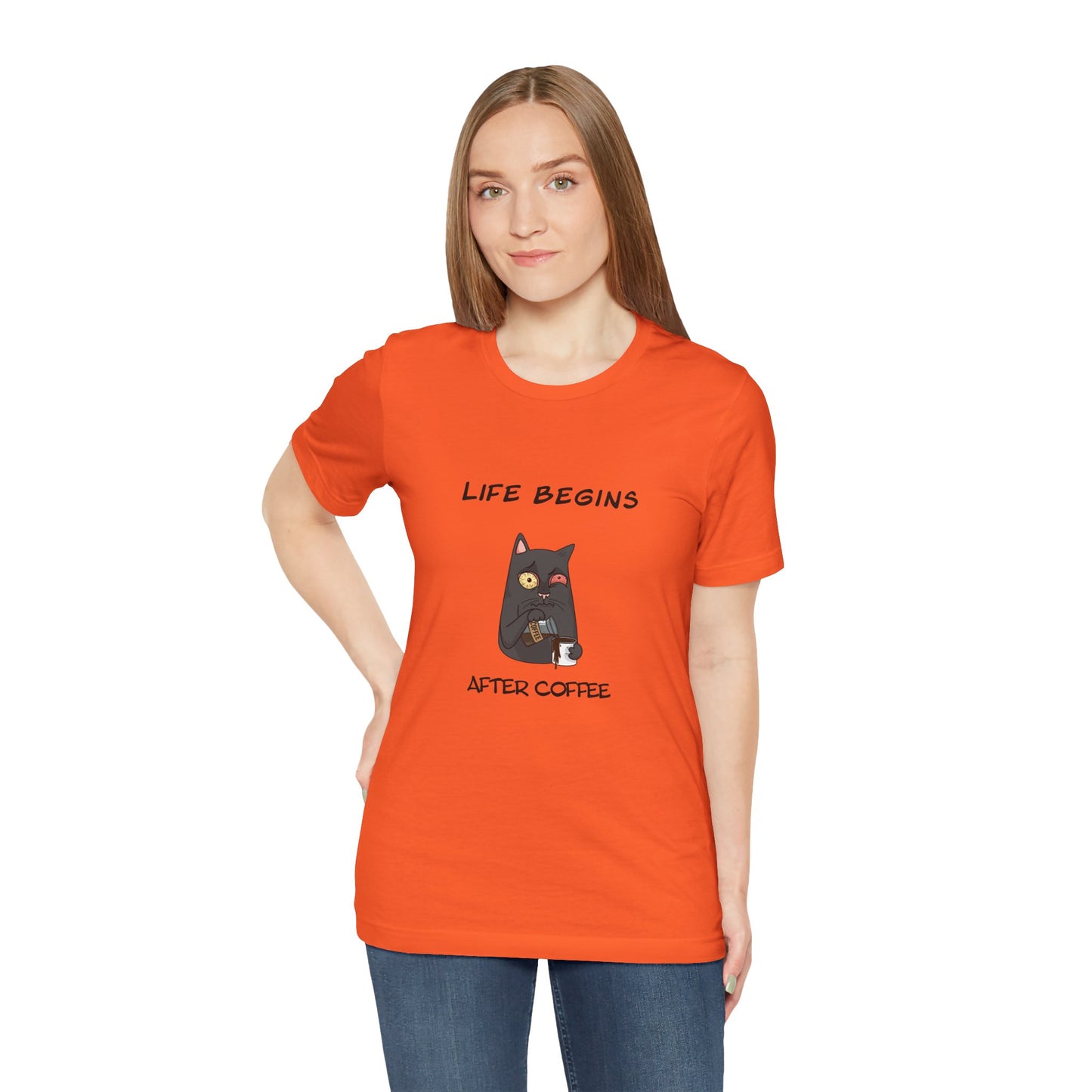 Luna The Cat. Life Begins After Coffee. Unisex Jersey Short Sleeve Tee