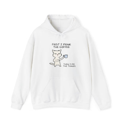 Cat Drinking Coffee To Kick Start The day and Do Things. Unisex Heavy Blend™ Hooded Sweatshirt