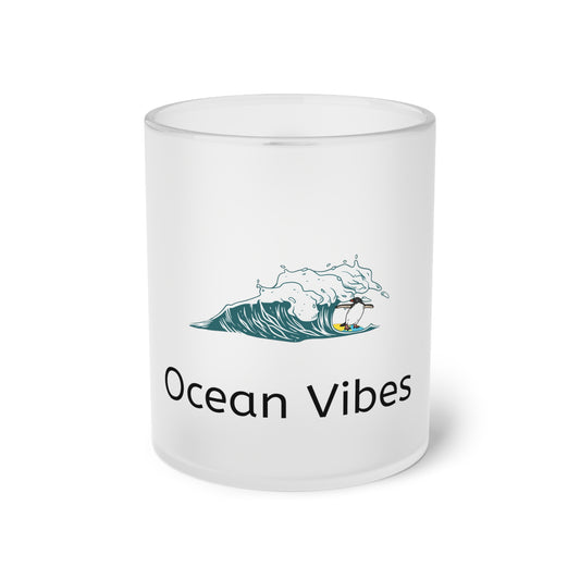 Ocean Vibes! Surfing Penguin. Frosted Glass Mug